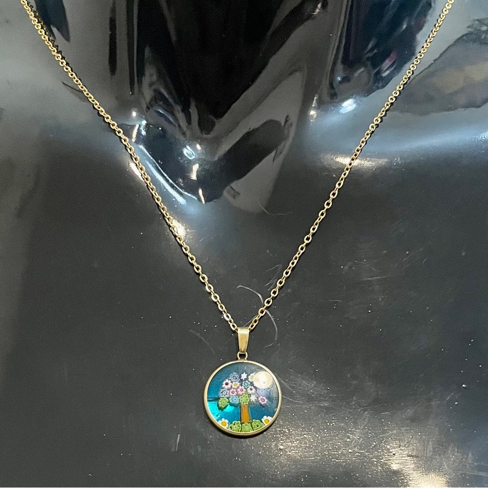 Vintage Murano Glass Tree of Life Millefiori Pendant in 18K Solid Gold Frame - Picture 7 of 8